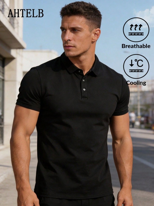  AHTELB Men's Summer Short Sleeve T-Shirt, Business Casual Lightweight Breathable Solid Color Silk Polo Collar Gym Wear