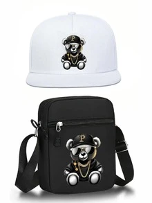 1pc/2pcs Hip Hop Bear Print Men's Baseball Cap And Crossbody Bag Set, Street Fashion Outdoor Sports Unisex Baseball Cap Flat Brim Hat And Shoulder Bag, Adjustable, Gift For Yourself Or Friends - 彩色 - 查看 9