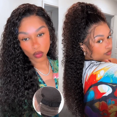 ZHENDEFA Hidden Strap 360 Glueless Lace Front Wigs Human Hair Pre Plucked 200 Density Deep Wave HD Transparent Lace Frontal Wig With Drawstring Curly Lace Front Wigs For Women
