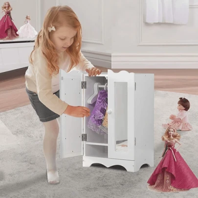 White Doll Closet, Large Wooden Dolls Wardrobe For 18 - 20 Inches Reborn/Baby Dolls Furniture With 6 Piece Hangers, Kids Toys Gift