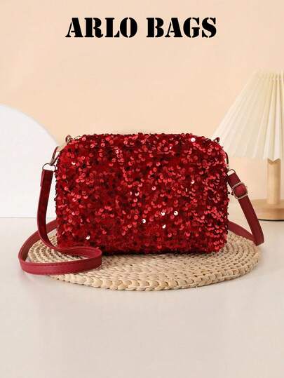 1件亮片女士单肩包，时尚简约百搭斜挎包、手拿包、信封包、彩虹条纹草编包，轻便商务休闲抽绳装饰透明水桶包，优雅珍珠晚宴包，完美适用于派对、晚宴/宴会、圣诞派对礼服