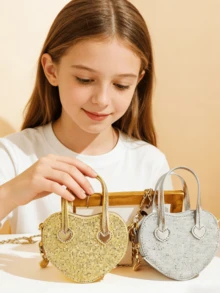 New Sequin Heart Mini Handbag For Girls, Fashion Princess Style Tote Bag, Holiday Gift, Crossbody & Top Handle 2-In-1 Mini Purse For Little Girls, Gold & Silver - Multicolor - View 2