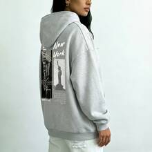 Sudadera con capucha para mujer, elegante top de poliéster de manga larga, sudadera de mujer versátil e informal, forro polar, estampado de Nueva York, hombros caídos, tela suave, cómoda y transpirable, ropa de calle de moda para todos los días, ideal para otoño e invierno. - Gris - Ver 4