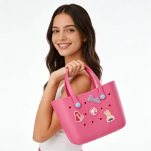 Miniso Barbie Sunshine Series Summer EVA Beach Basket Tote Bag, Hollow Handbag, Cartoon Cute Shoulder Bag, Lunch Bag, Perfect For Beach, Travel And Holiday Essentials - Hot Pink - View 3
