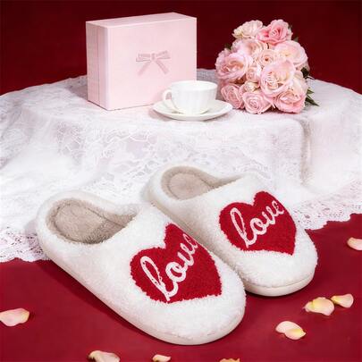Cozy Faux Fur Slippers With Red Heart & "Love" Embroidery, Comfy Slip-On House Slippers-Gifts For Family, Lovers' Styles.