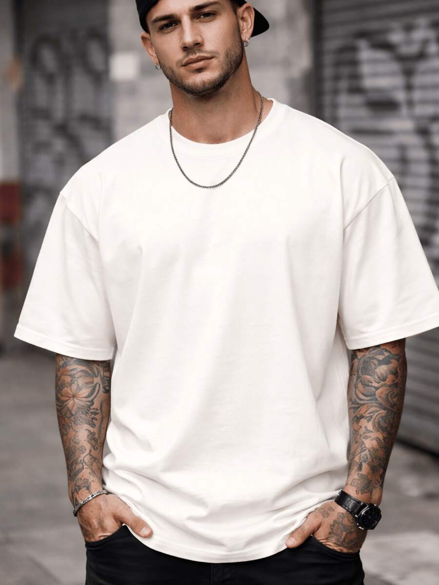 Oversized 100% Cotton Street Style T-Shirt - Plain - White - View 1