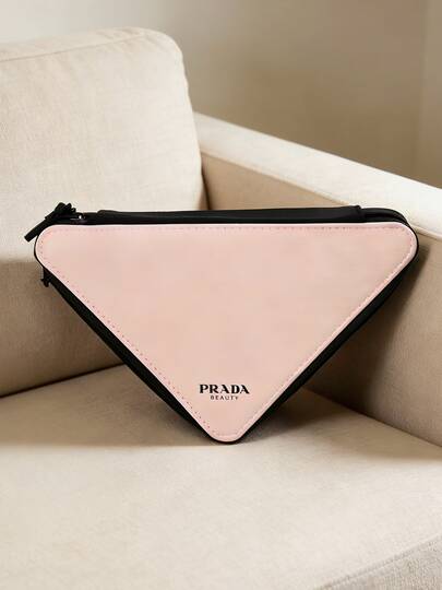 Prada Materiel, Makeup Bag, Pink Triangle Makeup Bag, Large Capacity, Travel Toiletry Bag, Portable Organizer, Zipper Pouch, Triangle Cosmetic Bag