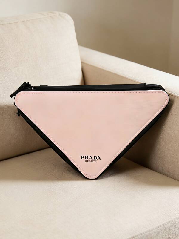 Prada Materiel, Makeup Bag, Pink Triangle Makeup Bag, Large Capacity, Travel Toiletry Bag, Portable Organizer, Zipper Pouch, Triangle Cosmetic Bag