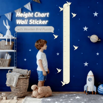 Wooden Bird Puzzle Height Ruler Wall Sticker, Stackable Children's Room Growth Record Ruler, Home/Gym Decor No Drilling Required, Kids Growth Curve Record