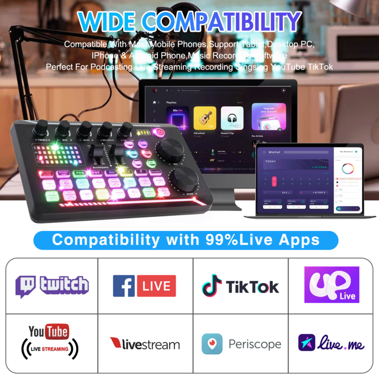 Upgraded F998 Sound Card Kit, Podcast Microphone Bundle, Condenser Mic With Live Sound Card Kit, Podcast Equipment Bundle With Voice Changer And Mixer Functions For PC Smartphone Studio Recording & Broadcasting - 金色麥克風+F998音效卡 - 查看 5