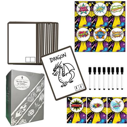 TOOUEE 100 יחידות כרטיסי מחיקה יבשה לשימוש חוזר עבור אסימוני MTG עם 8 יחידות טושים ומדבקות אקראיות ועיצוב מילות מפתח עם דפוס גב עבור MTG, PTCG, SKYJO ו-TCGs תחרותיים, כרטיסים בסגנון קומיקס עם מוני מילות מפתח, דפוס נושא, אסימונים אוניברסליים, כרטיסי פרוקסי עבור משחקי קלפים ריקים DIY ואביזרים.