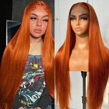 34英寸13x4直发蕾丝前假发，混合真人发，200%密度，高清透明蕾丝前真人发假发，女士无胶假发，预先拔毛真人发，#姜黄色350色 - S350 - 查看 7