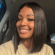 Natural Black 13x4 Straight Lace Front Wig Women's 26 Inches Pre-Pulled Bleached Knot Short Bob Straight Hair Heat Resistant Fiber Synthetic Mixed Human Blended Hair Wig With Baby Hair Cosplay Daily Party - Natural & Black - View 9