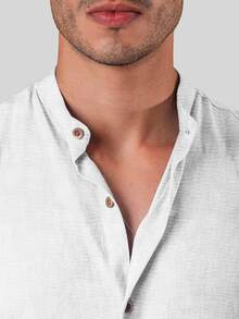 White Dress Shirt, Dunas Fabric, Similar To Linen, Men's, Short Sleeve, Mandarin Collar - Shirt For Summer 2026 - Cool Shirt - Beachwear - 無色 - 查看 2