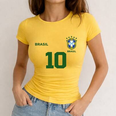Babylook Algodão Estampa Brasil Jogador 1004 Blusa Manga Curta Gola Redonda Camiseta Copa do Mundo Esportes
