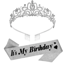 银色生日绶带和皇冠，女士生日皇冠，闪亮成人女士生日绶带，女士生日头饰，公主皇冠，生日装饰，派对礼品 - 多色 - 查看 13