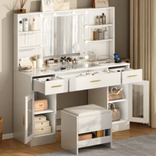Dressing Table With LED Mirror And Storage Stool, 113x40x140 Cm - 10 Bulbs, 3 Adjustable Colors, 3 Drawers, 6 Shelves, 5 Hooks, 10x Magnification - 查看 2