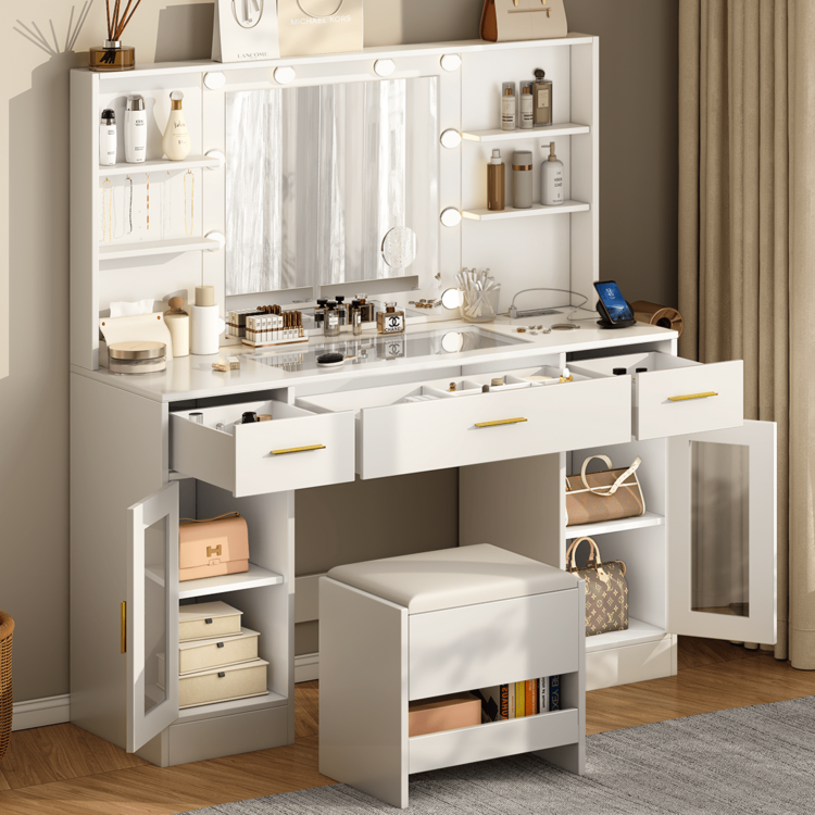 Dressing Table With LED Mirror And Storage Stool, 113x40x140 Cm - 10 Bulbs, 3 Adjustable Colors, 3 Drawers, 6 Shelves, 5 Hooks, 10x Magnification - 查看 2