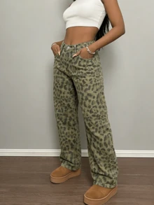 Women Spring Summer Casual Old Money Leopard Print Wide Leg Jeans Loose Pants - 棕色 - 查看 6