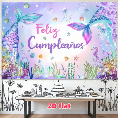 1 pièce Bannière d'anniversaire plate 2D de sirène, toile de fond de fête thème océan, comprenant la queue de sirène, le récif de corail et les coquillages, décoration intérieure/extérieure, polyester durable, convient pour photobooth, fête, anniversaire, événements de célébration et décoration de fête d'anniversaire à la maison