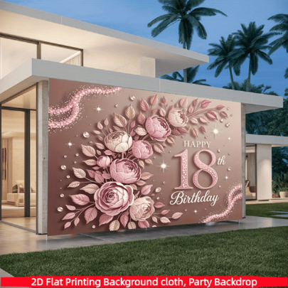 1pc, Elegant 18th Birthday Party Backdrop, Polyester Fabric, Pink And Gold Floral Design, Sparkling "Happy 18th Birthday" Text, Suitable For Home, Room, Or Wall Decoration, Birthday Party Decoration, Cake Table Decoration, Photo Prop, Garden Decoration, Event Decoration, Romantic Atmosphere, Easy To Set Up, Flower Wall Backdrop With Photo Studio, Background For Photography.