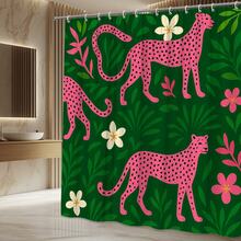 Pink Leopard Floral Shower Curtain On Green Background - White - View 5