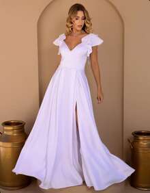 Elegant Women's Satin Long Dress With Ruffled Sleeves, Chic Party Dress With Slit, Fashionable - trắng - Xem 1
