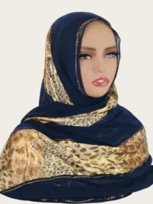 1 Stück modischer, eleganter muslimischer Hijab Kopftuch für Frauen, Patchwork Druckmuster mit Strass-Handwerkskunst, orientalischer Stil langer Schal - langer Schal im Patchwork-Stil mit Leopardenmuster - Übersicht 18