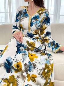 Rochie elegantă Abaya cu imprimeu floral, cu decolteu în V, mânecă lungă și curea, rochie slim fit, îmbrăcăminte pentru Ramadan pentru vacanța de Ramadan - Verde măsline - Vizualizare 4
