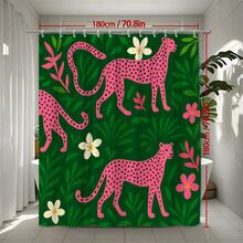 Pink Leopard Floral Shower Curtain On Green Background - White - View 2