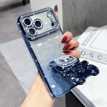 Bling Gradient Glitter Rhinestone Cartoon Candy Liquid Bead Bear Foldable Stand Phone Case Compatible With IPhone 17 16e 15 14 13 12 Pro Max 14 15 Plus 11, Galaxy A05 A05S A06 A07 A17 A12 A13 A14 A15 A25 A33 A35 A52 A53 A54 A55, S23 S24 S25, EDGE, Mate 50 60, X9a X9b, Magic 5 Lite 6 Lite, S23 S24 S25 - Blue - View 2