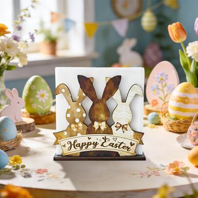 1pc Wooden Easter Bunny Napkin Holder, Rustic Style Rabbit Paper Towel Holder With "Happy Easter" Sign, Freestanding Table Centerpiece, Farmhouse Vintage Style Kitchen And Dining Room Decor