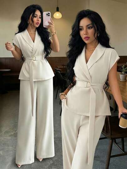 Women's Elegant Tie-Front Sleeveless Top And Wide-Leg Pants Set, Made Of Non-Stretch Fabric, Suitable For Spring/Summer Wear