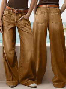 Wide Leg Stretch Jeans - Comfortable, Soft, And Breathable For Casual Wear Denim Womenswear - 卡其色 - 查看 1