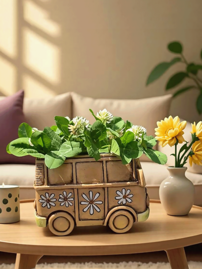 Vintage Car Shaped Succulent Plant Pot. Cute, Compact And Interesting Planter. Unique Resin Made Planter, Suitable For Home And Desk Decor (Brown-Yellow Color)