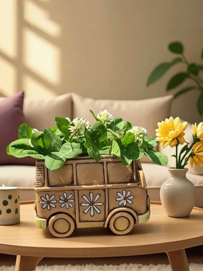 Vintage Car Shaped Succulent Plant Pot. Cute, Compact And Interesting Planter. Unique Resin Made Planter, Suitable For Home And Desk Decor (Brown-Yellow Color)