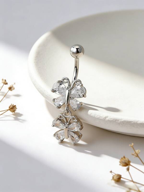 1pc Cute Luxury Zirconia Butterfly Navel Ring, Women's Body Piercing Jewelry, Suitable For Daily Wear, Beach, Party