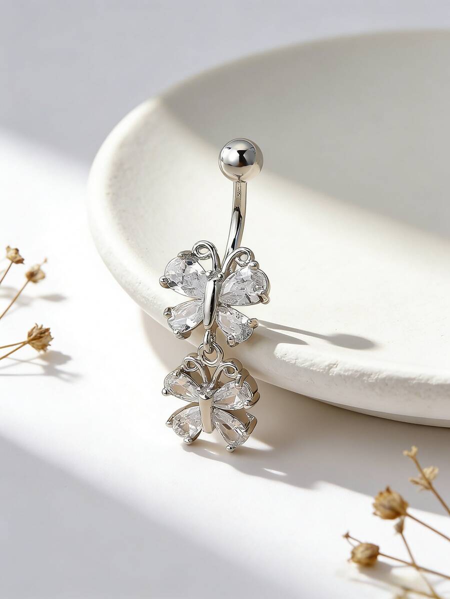1pc Cute Luxury Zirconia Butterfly Navel Ring, Women's Body Piercing Jewelry, Suitable For Daily Wear, Beach, Party - Butterfly - View 1