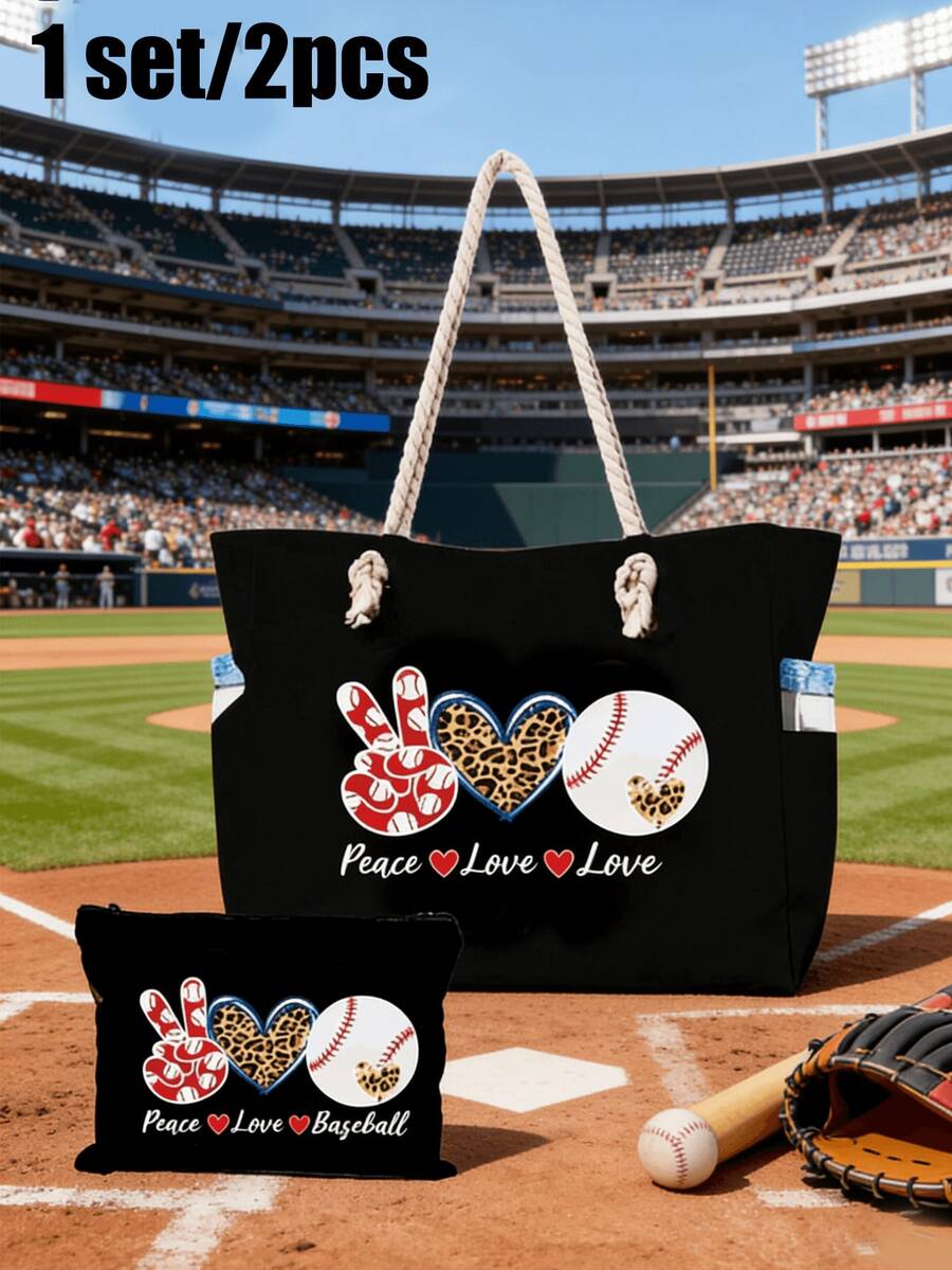 Bộ túi tote vải canvas in hình bóng chày cỡ lớn (bộ 2 món): Túi xách tay họa tiết bóng chày + Túi đựng đồ nhỏ, phong cách thể thao, vật dụng cần thiết cho sinh viên, thiết kế in chủ đề hòa bình và tình yêu, túi đeo vai/tay dung tích lớn, túi đựng mỹ phẩm, túi đựng đồ vệ sinh cá nhân bền chắc, thích hợp cho công việc, du lịch, tập thể dục, phụ kiện thời trang đa chức năng, thanh lịch giản dị, thiết kế tiện dụng, phong cách tối giản, chất liệu bền chắc, quà tặng Giáng sinh. - Nhiều màu - Xem 1