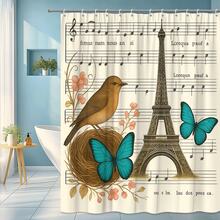 Tower Bird Shower Curtain, Floral Music Notes Design - White - View 1