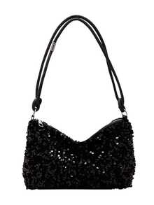 Women Silver Sequin Shoulder Bags Zipper Closure Underarm Handbag Solid Color Tote Handbag For Wedding Prom Parties Travel - A - View 13