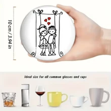 Minimalist Hand-Painted Couple Theme Coasters, Depicting Romantic Everyday Moments Like Swinging, Holding Hands, Hugging, And Sitting On A Bench, Using Simple Black Lines And Vibrant Red Heart Elements (Balloons, Floating Hearts). The Minimalist Black And White Line Art With Striking Red Hearts Conveys A Pure, Sweet Atmosphere Of Love. - Wooden Board-circle Coaster - View 7