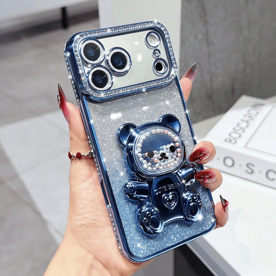 Bling Gradient Glitter Rhinestone Cartoon Candy Liquid Bead Bear Foldable Stand Phone Case Compatible With IPhone 17 16e 15 14 13 12 Pro Max 14 15 Plus 11, Galaxy A05 A05S A06 A07 A17 A12 A13 A14 A15 A25 A33 A35 A52 A53 A54 A55, S23 S24 S25, EDGE, Mate 50 60, X9a X9b, Magic 5 Lite 6 Lite, S23 S24 S25 - Blue - View 1