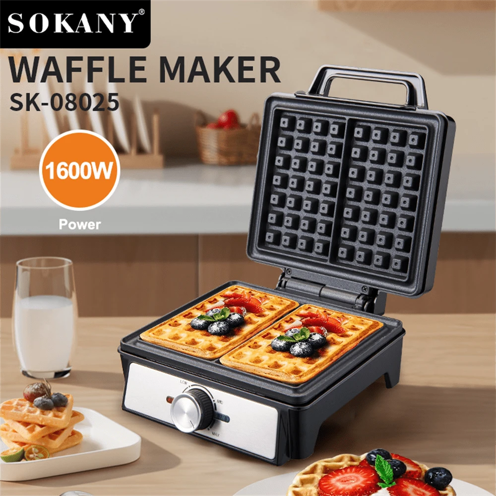 SOKANY 08025 Multi-Function Electric Waffle Maker For Home Use, High Power, Double-Sided Heating, Knob Control, Adjustable Temperature, Indicator Light, 2 Non-Stick Waffle Plates, Aluminum Material, Suitable For Homemade Waffles, Cakes, Sandwiches, Burgers, Pizza, And Children Cookies - View 1
