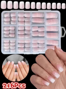 216片短方形按压式美甲贴片，粉白渐变假指甲套装，渐变美甲贴纸，适合DIY，简约百搭，12种尺寸，女士美甲用品 - 杏色 - 查看 2