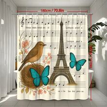 Tower Bird Shower Curtain, Floral Music Notes Design - White - View 2