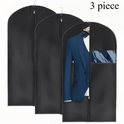 3pcs Classic Black Garment Bag, Dust And Moisture Proof, Washable And Durable Hanging Clothes Organizer, Must-Have Closet Essential For Suit Storage