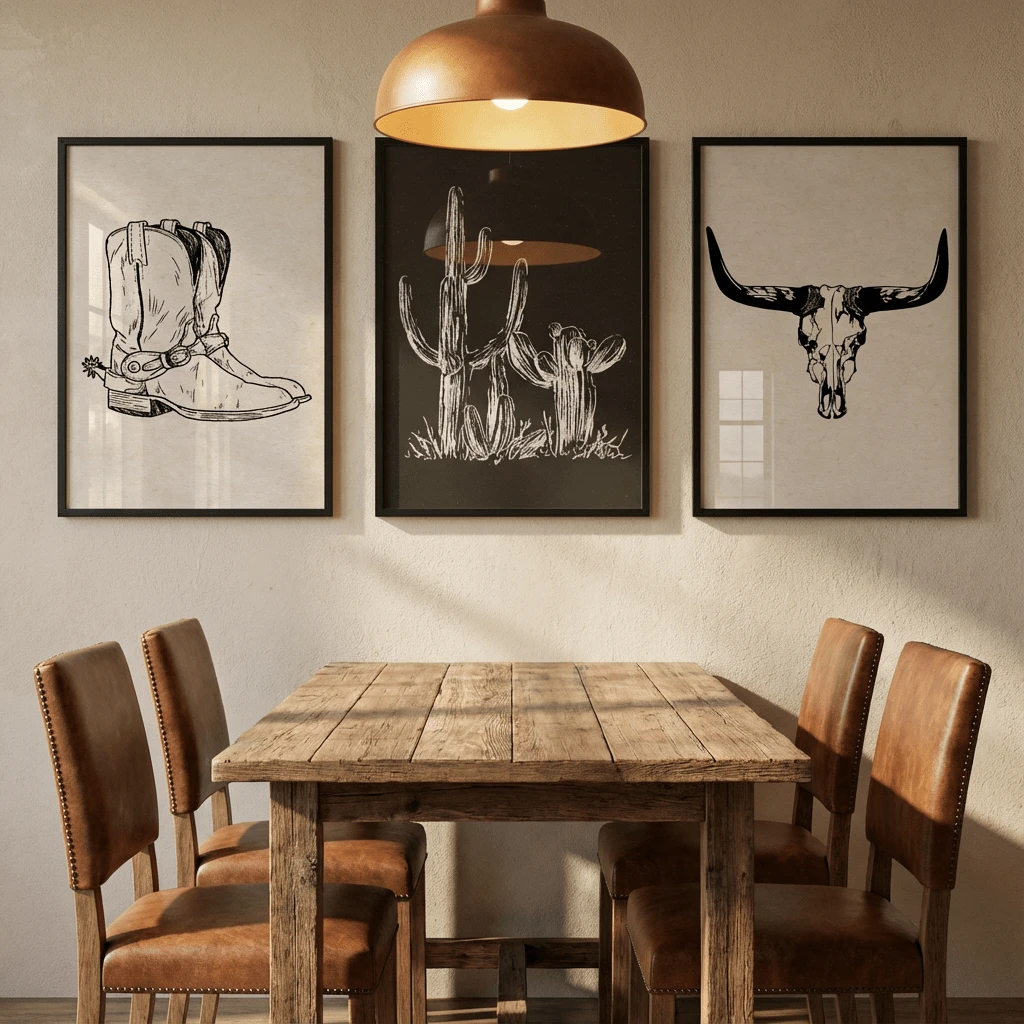 3件套西部牛仔帆布墙画 – 牛头骨、仙人掌和靴子黑白印花，现代简约风格，适用于客厅、卧室和办公室，可选配画框 - 彩色 - 查看 1