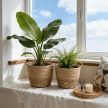 北欧风手工编织草编花盆套装，绿植收纳篮，带防水内衬，有大/中/小三种尺寸可选，适用于客厅和阳台装饰 - A - 查看 7