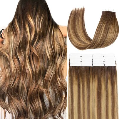 Extensiones de cabello humano con cinta adhesiva, 18 pulgadas, 20, 40, 60 piezas, rectas, sin costuras, trama de piel, extensiones de cabello humano de alta calidad, 20 piezas/paquete, color natural, cabello castaño oscuro-rubio, mezcla natural (50 g, 20 piezas/paquete)
